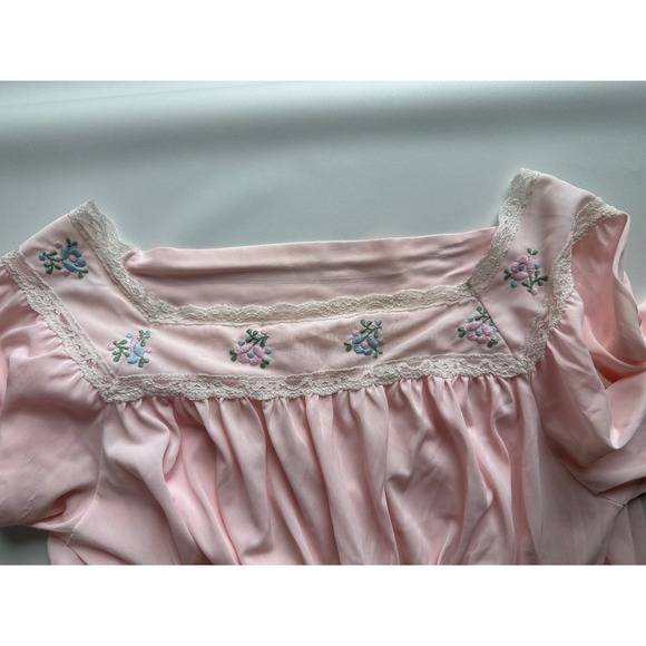 Vintage Gilead Pink Embroidered Lace Maxi Nightgown Made in USA Medium Prairie - Picture 8 of 12